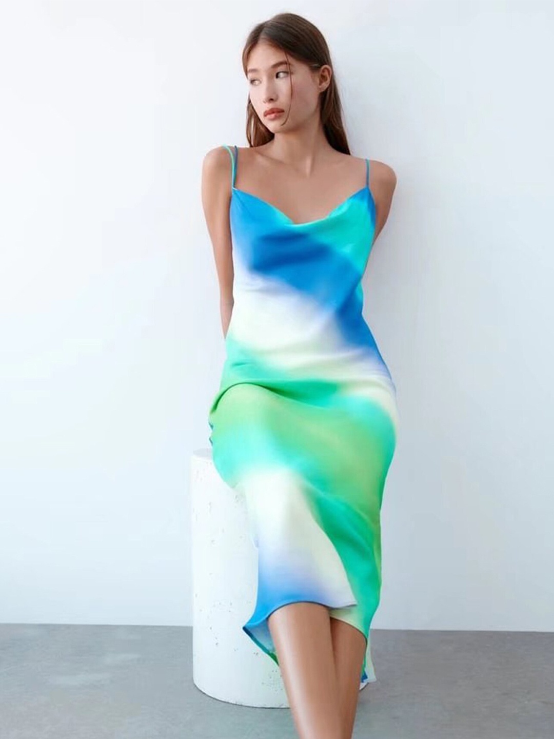 

LULU & SKY Tie and Dye Dyed Bodycon Satin Midi Dress, Green