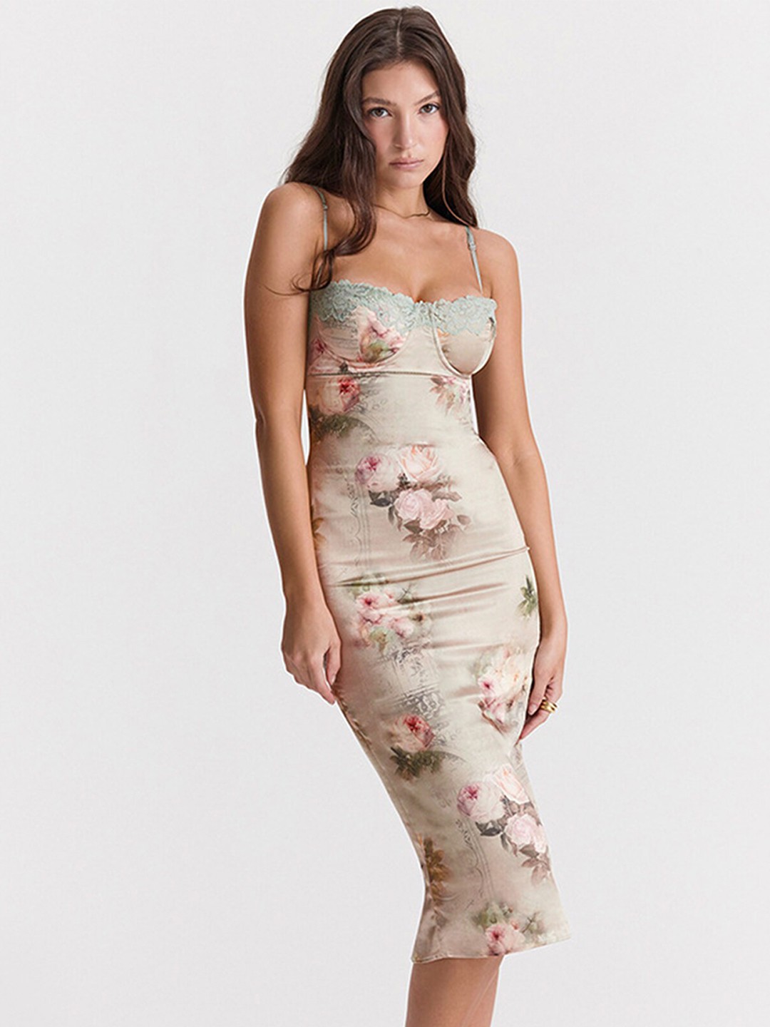 

LULU & SKY Floral Printed Lace Inserted Midi Bodycon Dress, Beige