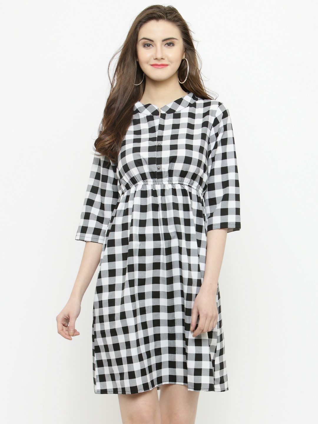 

Sera Women White & Black Gingham Mandarin Collar Dress