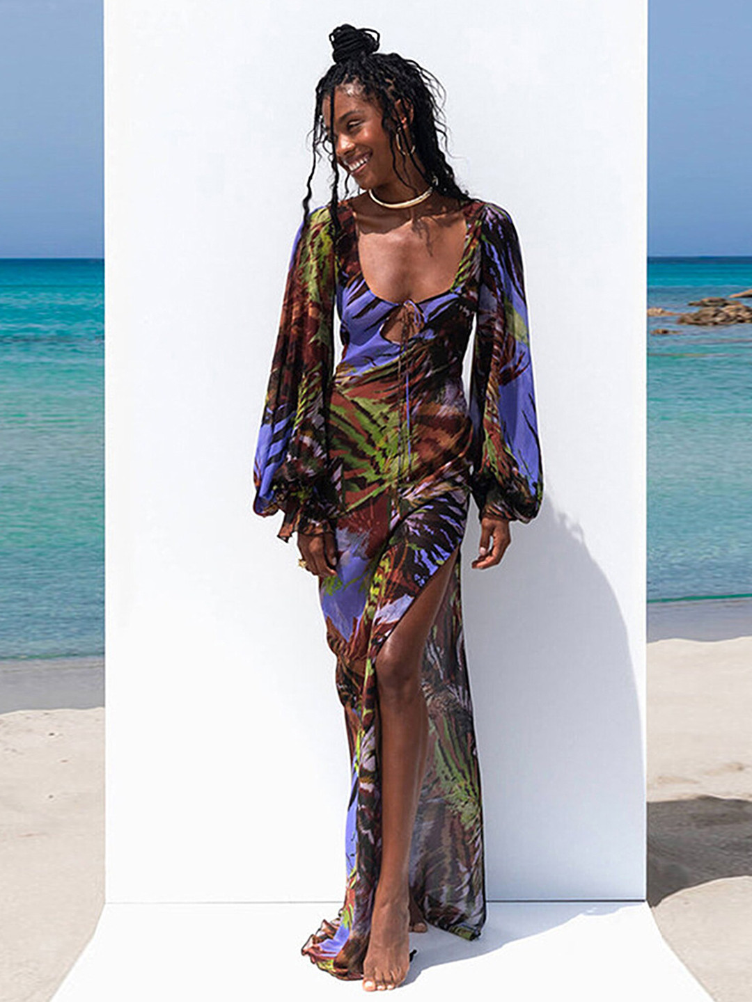 

LULU & SKY Conversational Printed Cuffed Sleeves Gathered Maxi Dress, Green