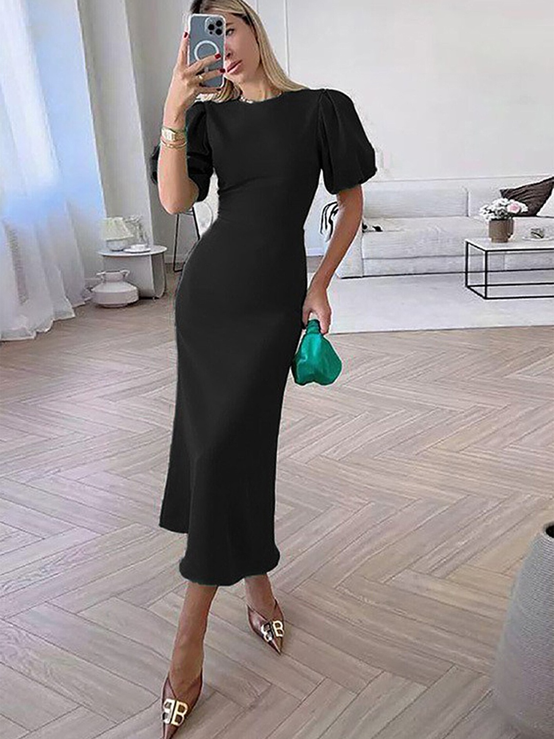 

LULU & SKY Round Neck Puff Sleeve Midi Dress, Black