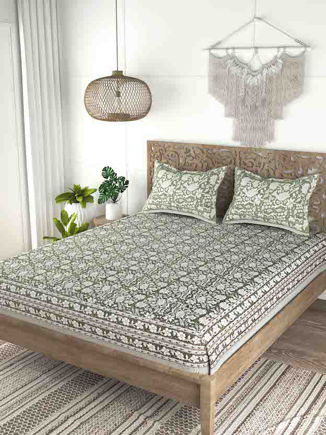 

Gulaab Jaipur Green & White Floral Cotton 200 TC King Bedsheet With 2 Pillow Covers