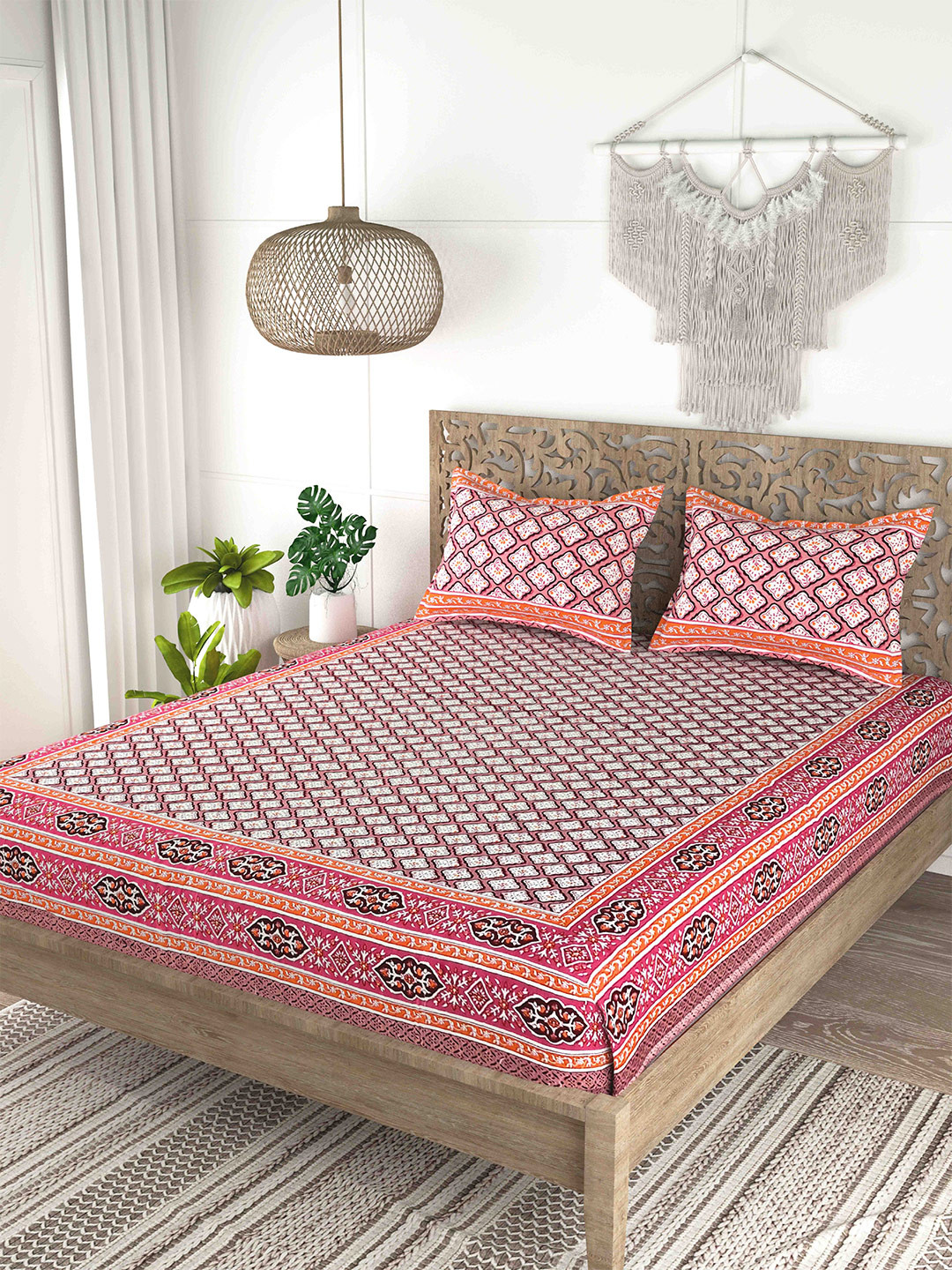 

Gulaab Jaipur Pink & White Printed Cotton 200 TC King Bedsheet with 2 Pillow Covers