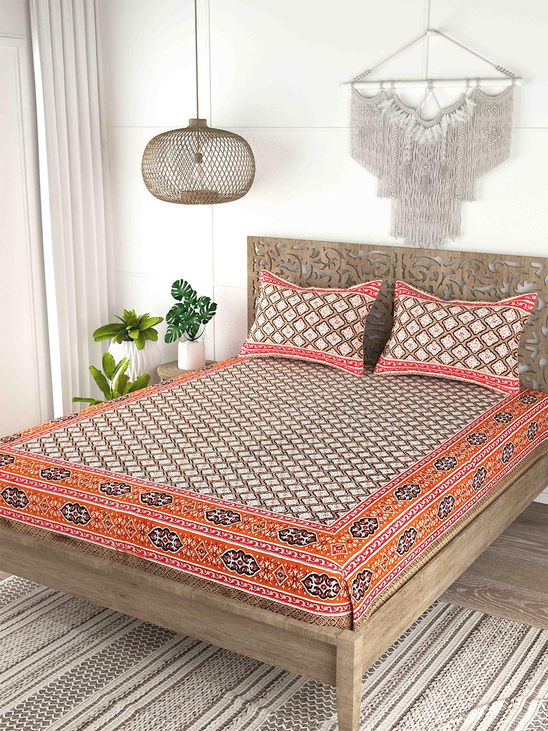 

Gulaab Jaipur Pink & Orange Ethnic Motifs Cotton 200 TC King Bedsheet With 2 Pillow Covers