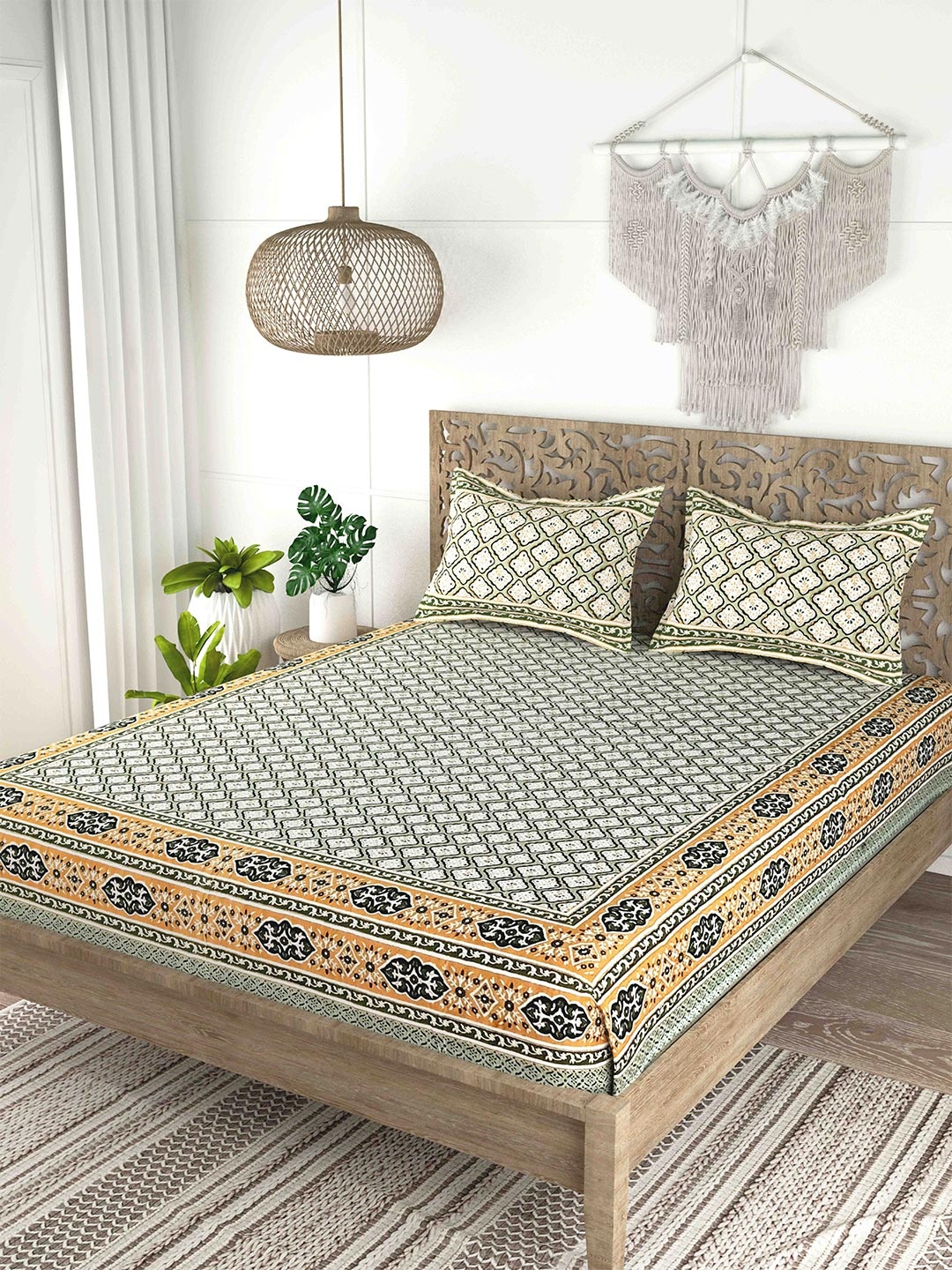 

Gulaab Jaipur Green & White Printed Cotton 200 TC King Bedsheet with 2 Pillow Covers