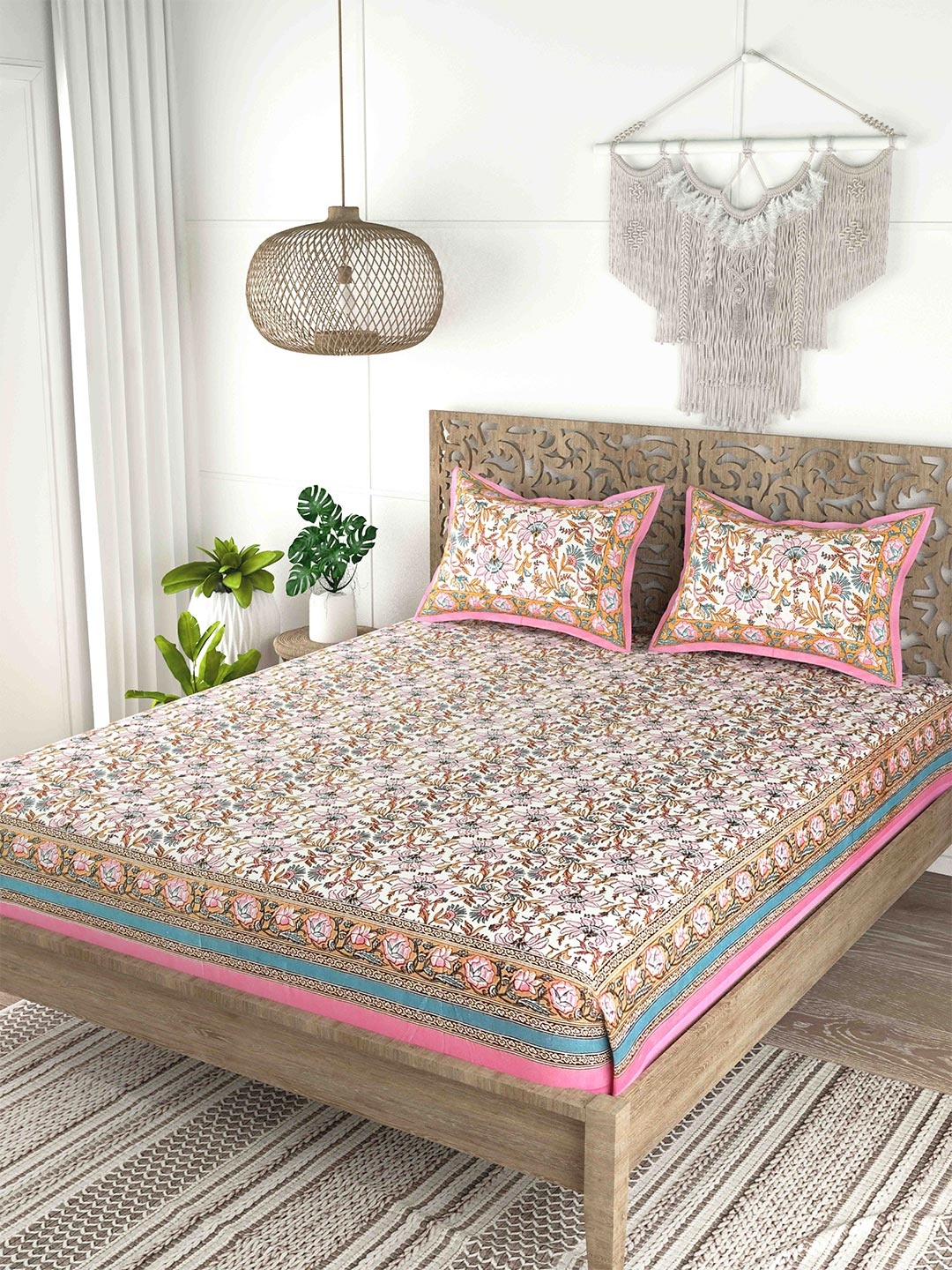 

Gulaab Jaipur Pink & White Floral Cotton 200 TC King Bedsheet With 2 Pillow Covers