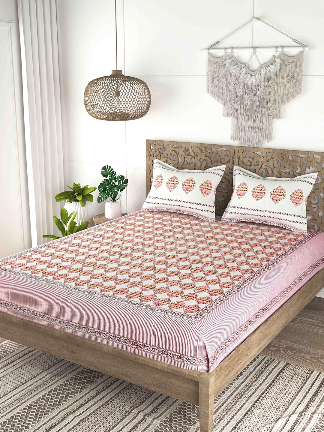 

Gulaab Jaipur Pink & White Ethnic Motifs Cotton 200 TC King Bedsheet With 2 Pillow Covers