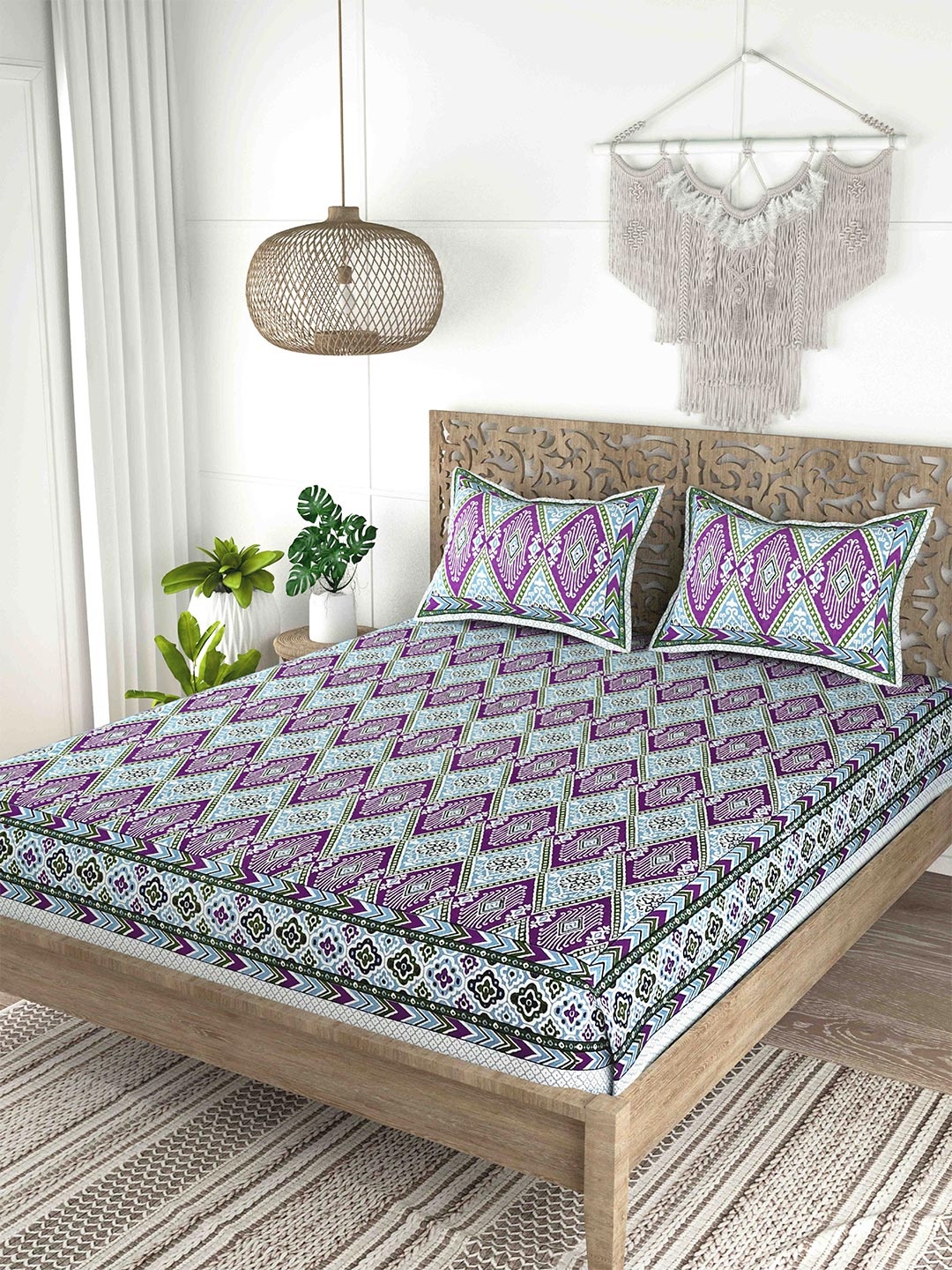 

Gulaab Jaipur Purple & Blue Printed Cotton 200 TC King Bedsheet with 2 Pillow Covers