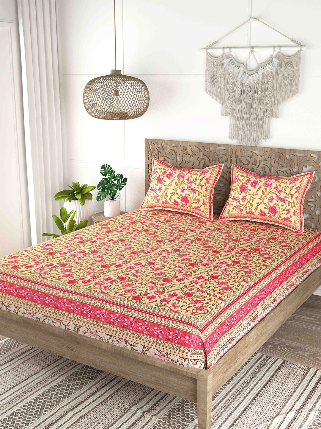 

Gulaab Jaipur Yellow & Pink Floral Cotton 200 TC King Bedsheet With 2 Pillow Covers