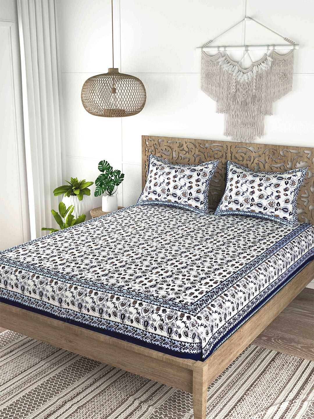 

Gulaab Jaipur Blue & White Printed Cotton 200 TC King Bedsheet with 2 Pillow Covers