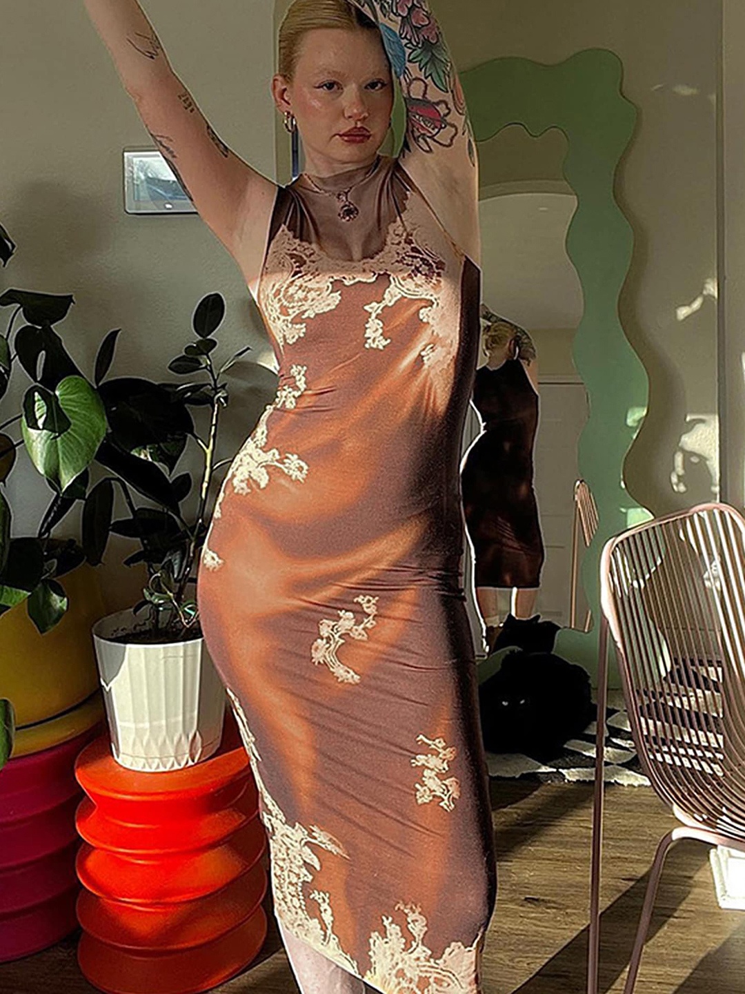 

LULU & SKY Floral Printed Halter Neck Sheath Midi Dress, Brown