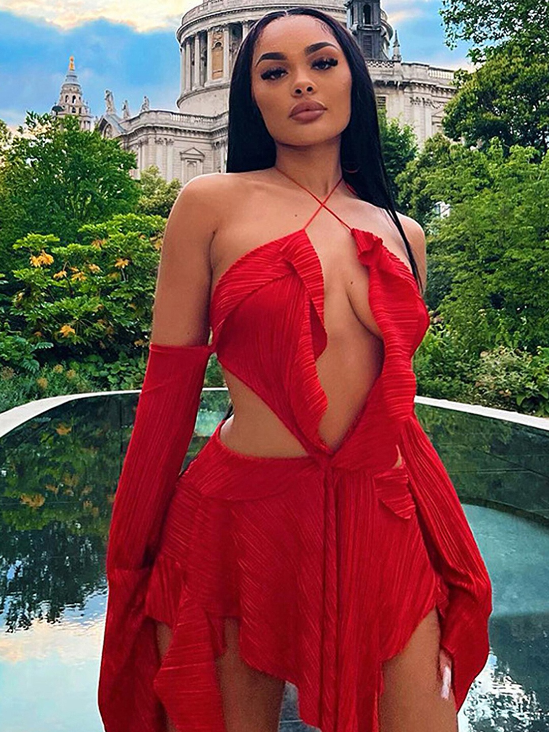 

LULU & SKY Halter Neck Asymmetric Fit & Flare Mini Dress, Red