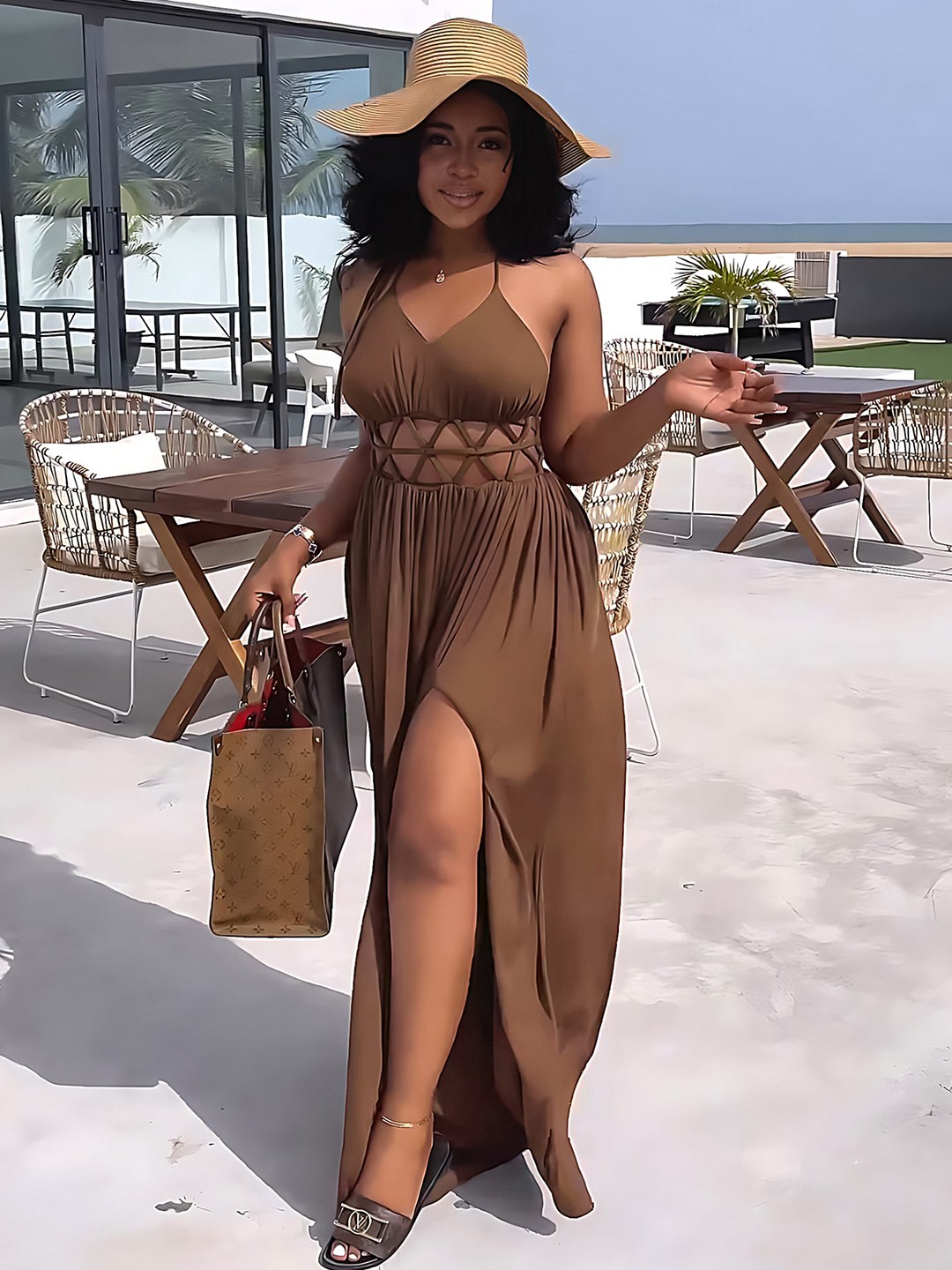 

LULU & SKY Halter Neck Cut Oouts Detail Fit & Flare Midi Dress, Brown