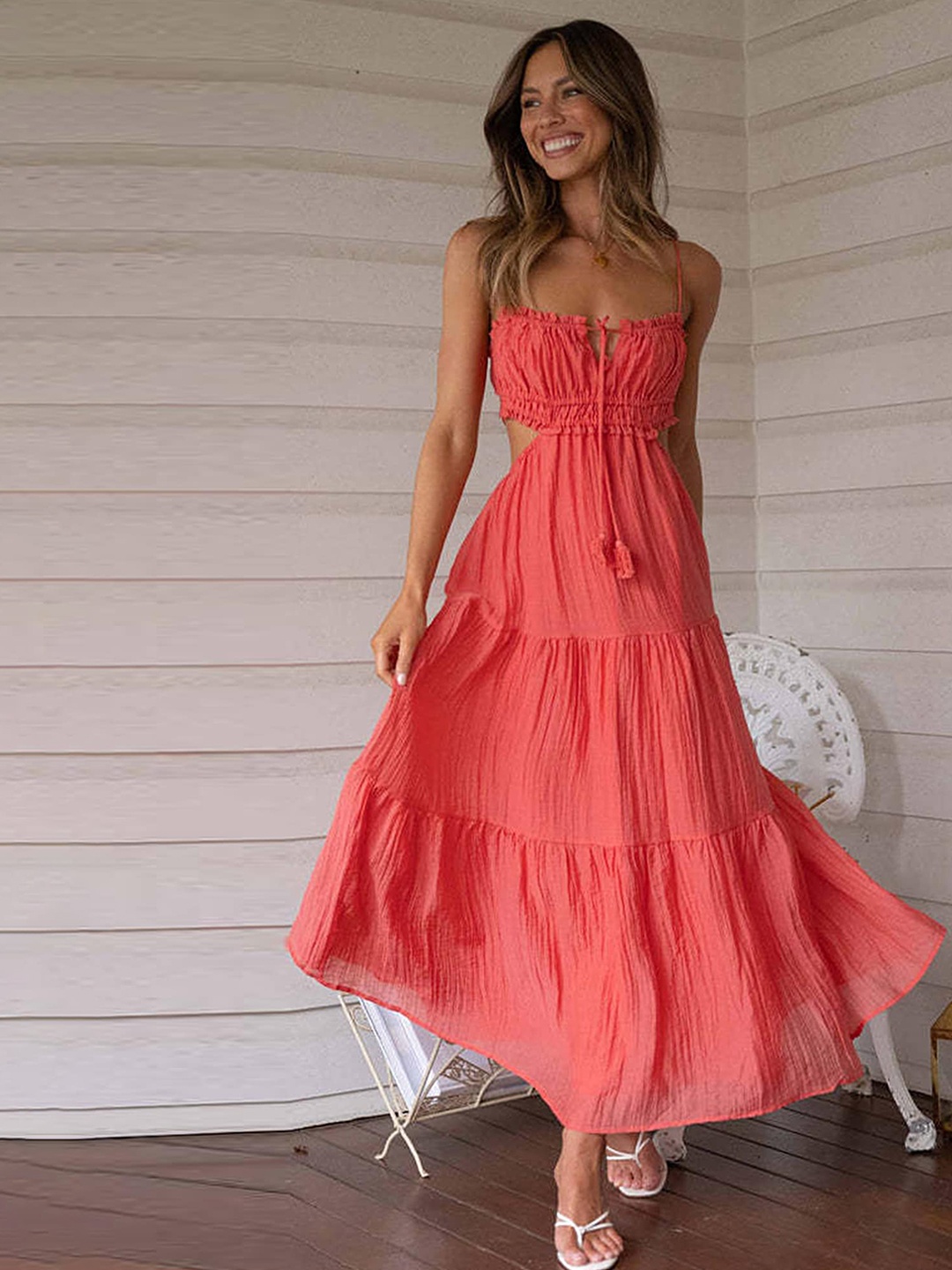 

LULU & SKY Shoulder Straps Cut Out Tired Midi Maxi Dress, Coral