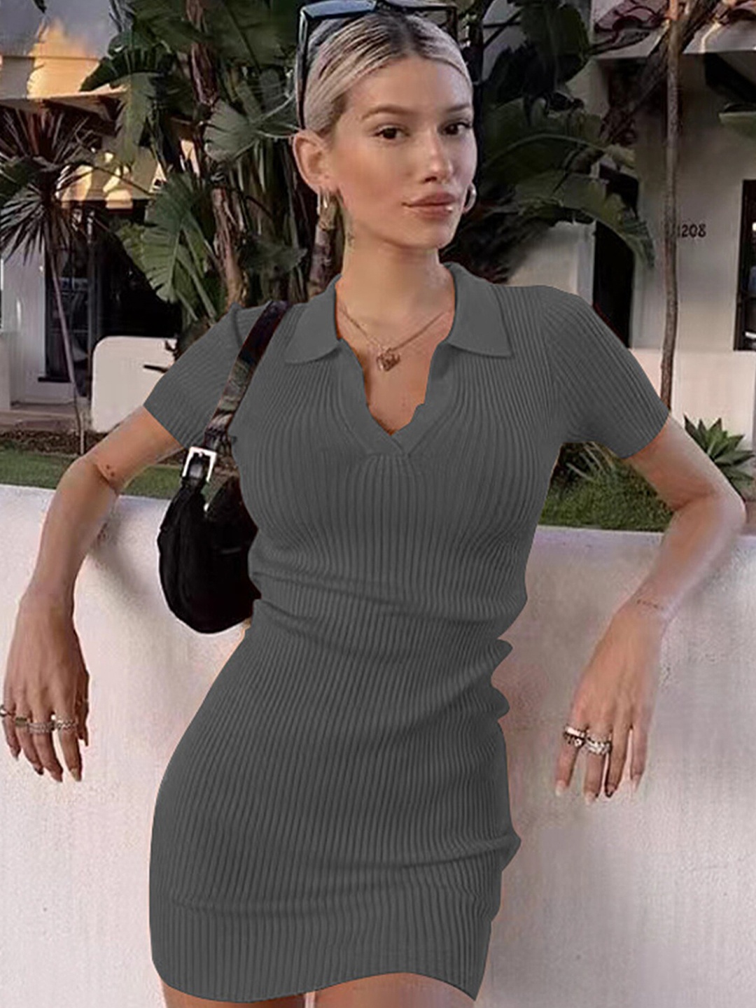

LULU & SKY Striped Shirt Collar Bodycon Dress, Grey