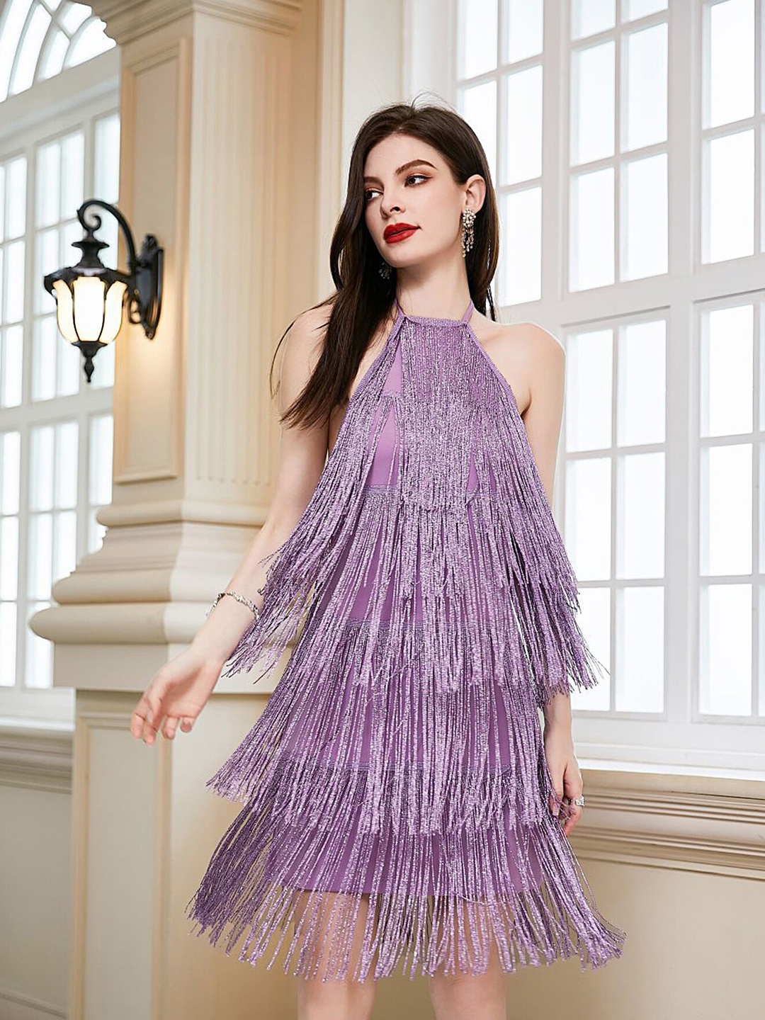 

LULU & SKY Self Design Halter Neck A-Line Dress, Purple