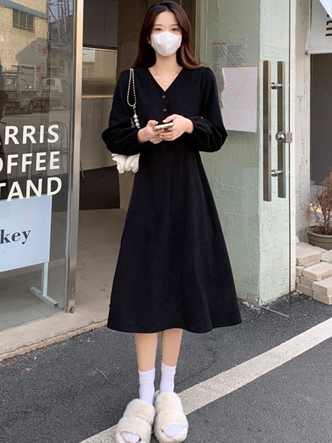 

LULU & SKY V-Neck Cuffed Sleeves A-Line Midi Dress, Black