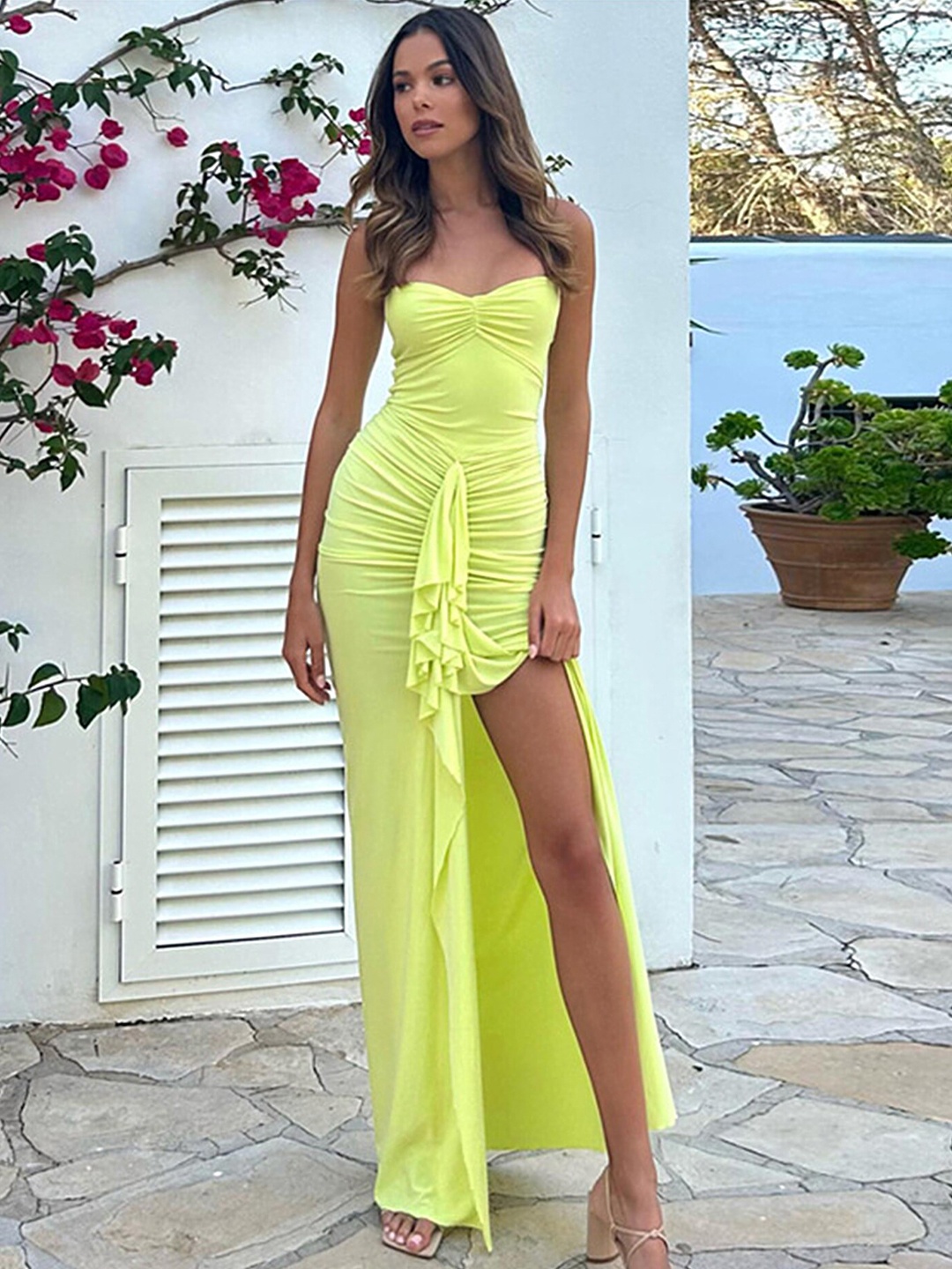 

LULU & SKY Halter Neck Ruched Maxi Dress, Lime green