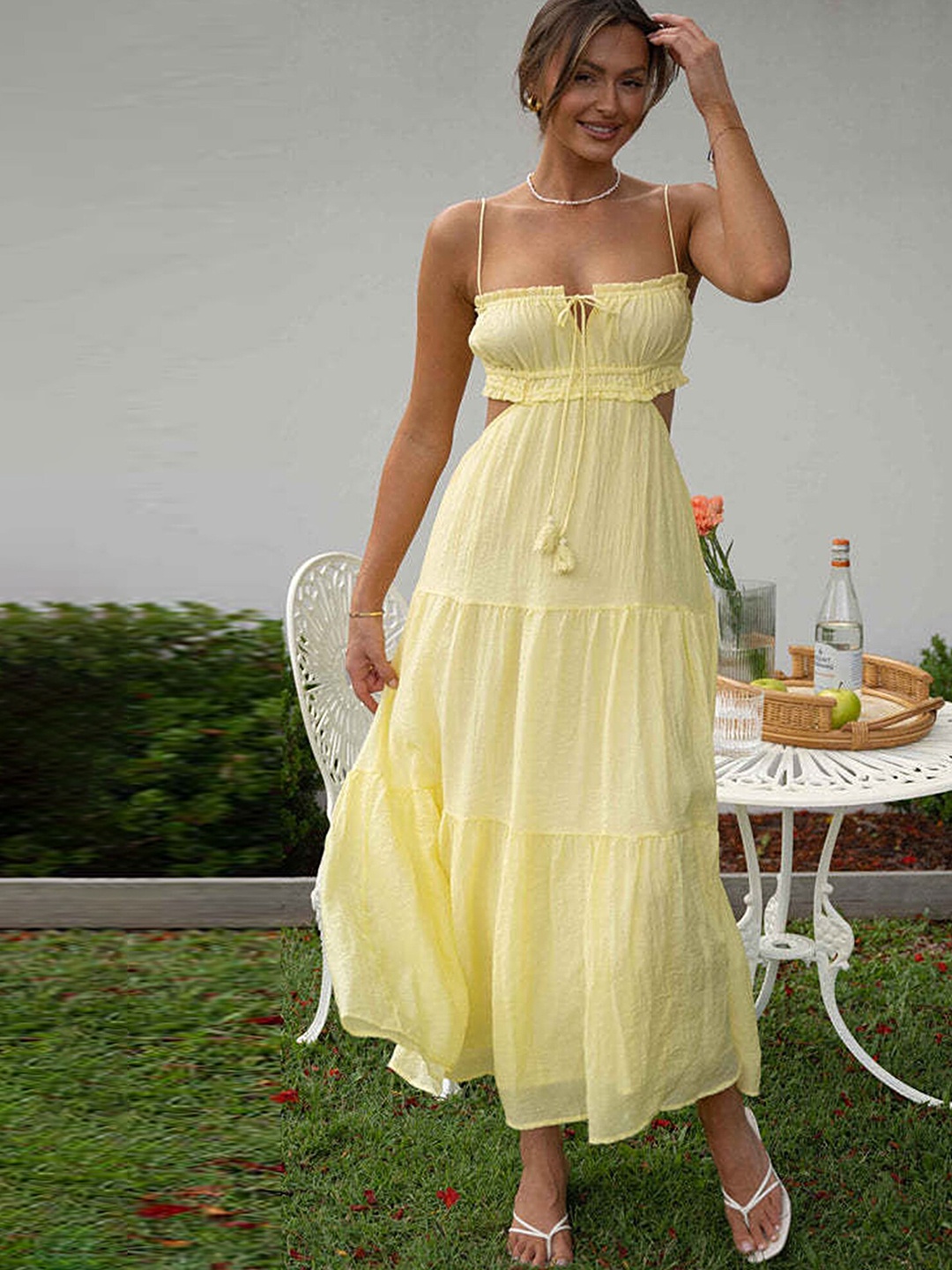 

LULU & SKY Shoulder Strap Fit& flare Cut-Outs Midi Dress, Yellow