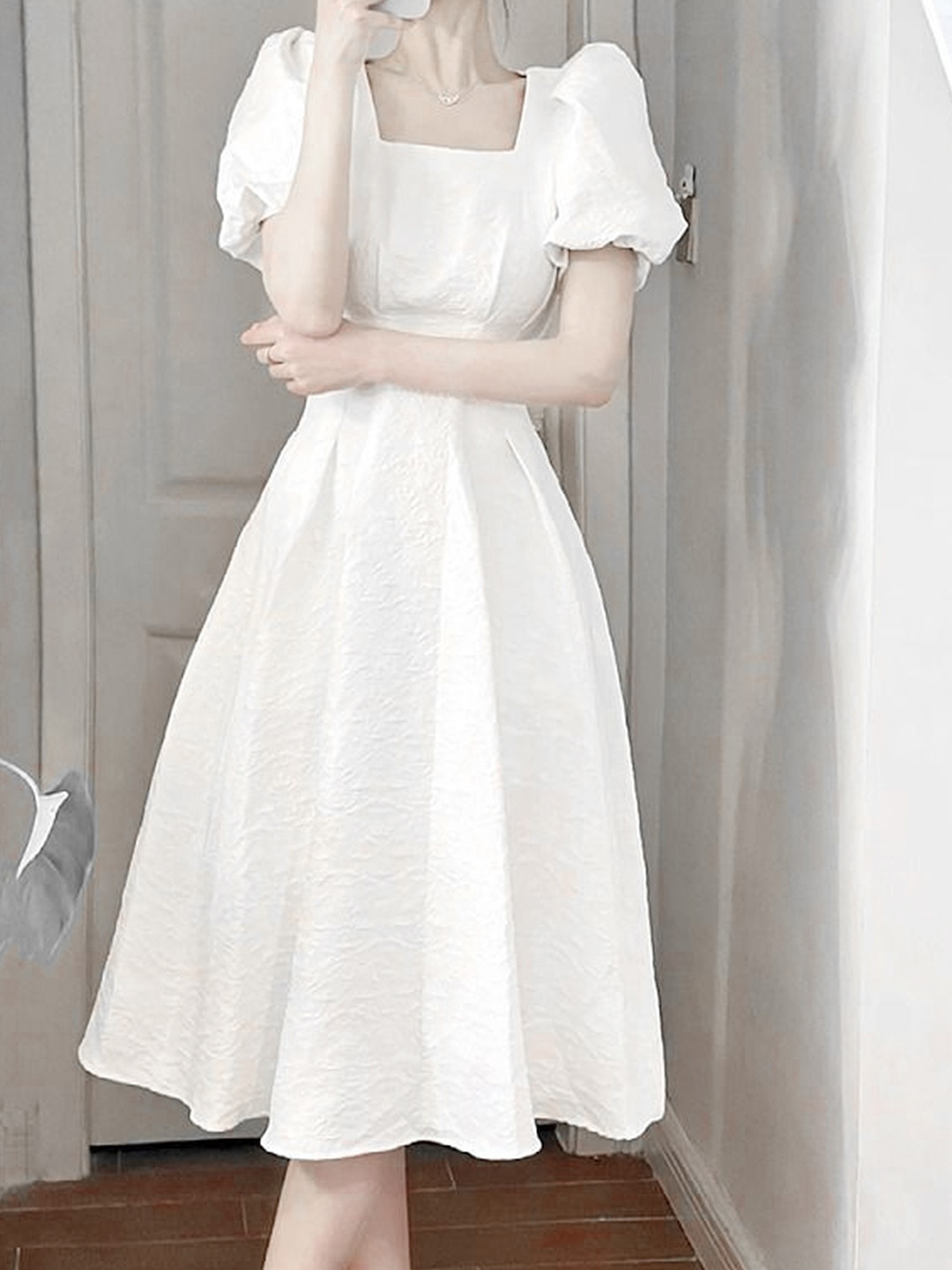 

LULU & SKY White Self Design Square Neck Puff Sleeves Fit & Flare Midi Dress