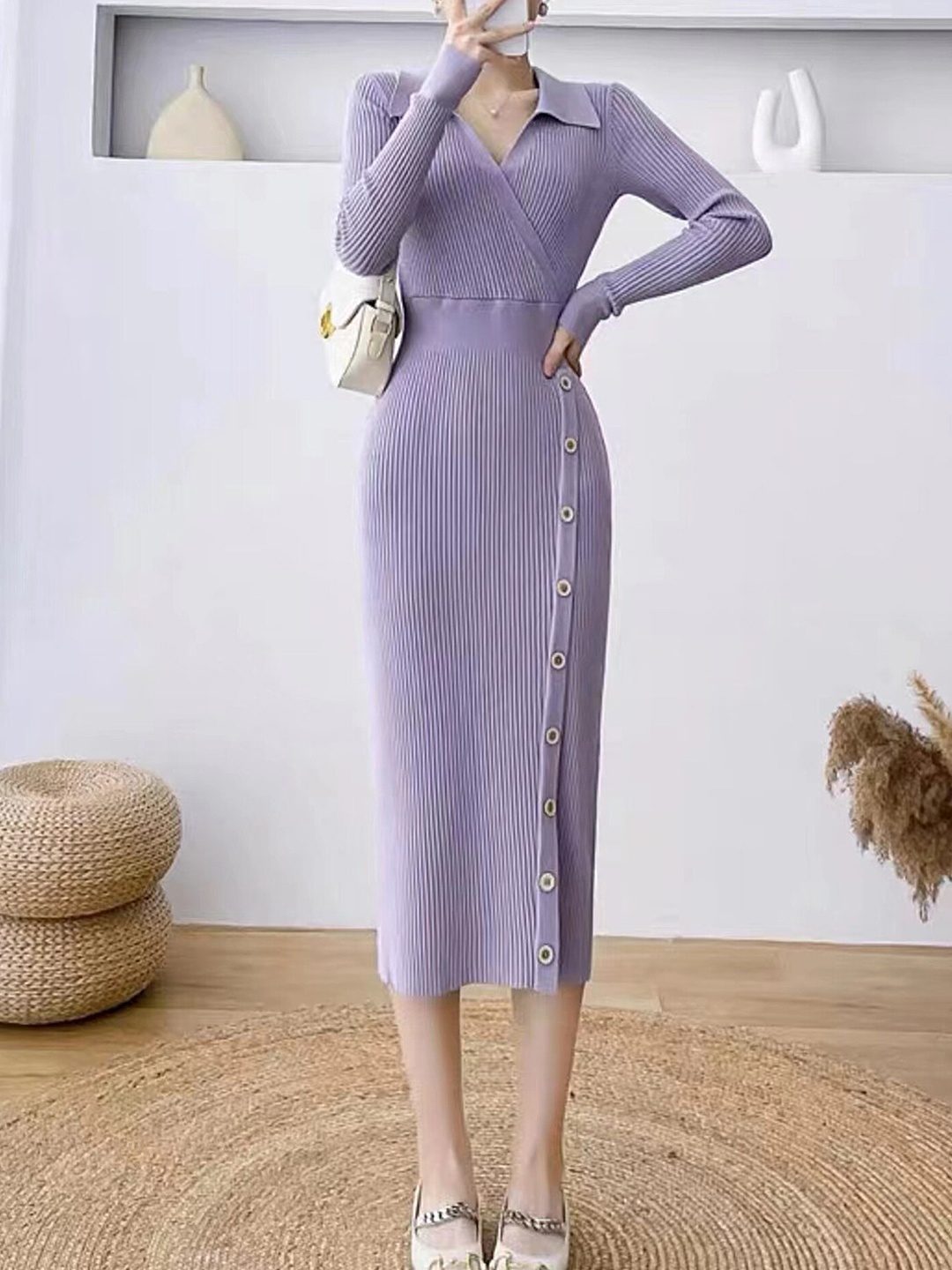 

LULU & SKY Lavender Striped Shirt Collar Sheath Midi Dress