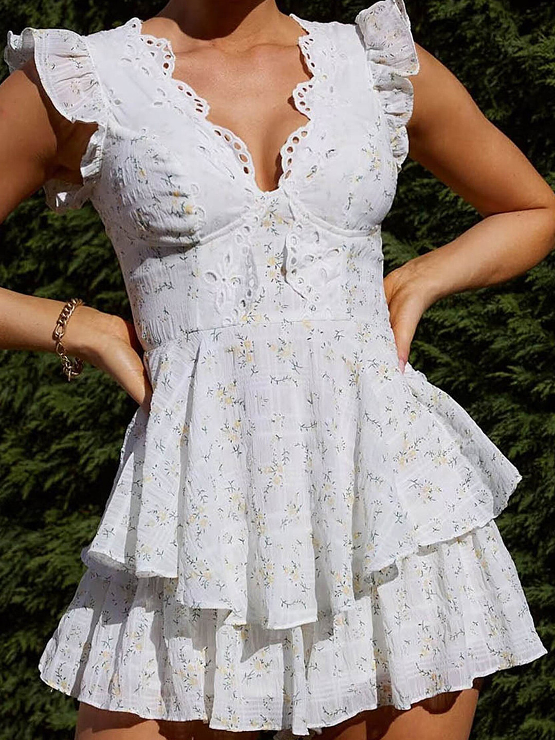 

LULU & SKY Floral Printed Flutter Sleeves Layered Fit & Flare Dress, White