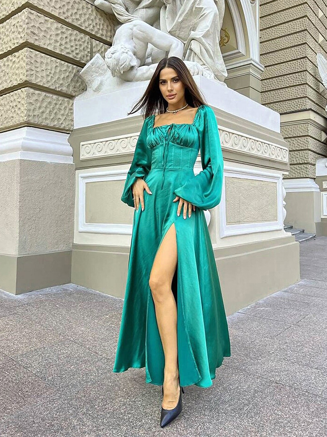 

LULU & SKY Off Shoulder Puff Sleeve Maxi Dress, Green
