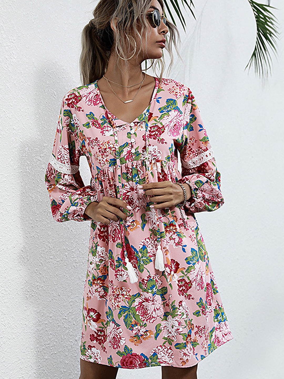 

LULU & SKY Floral Printed Puff Sleeve A-Line Dress, Pink