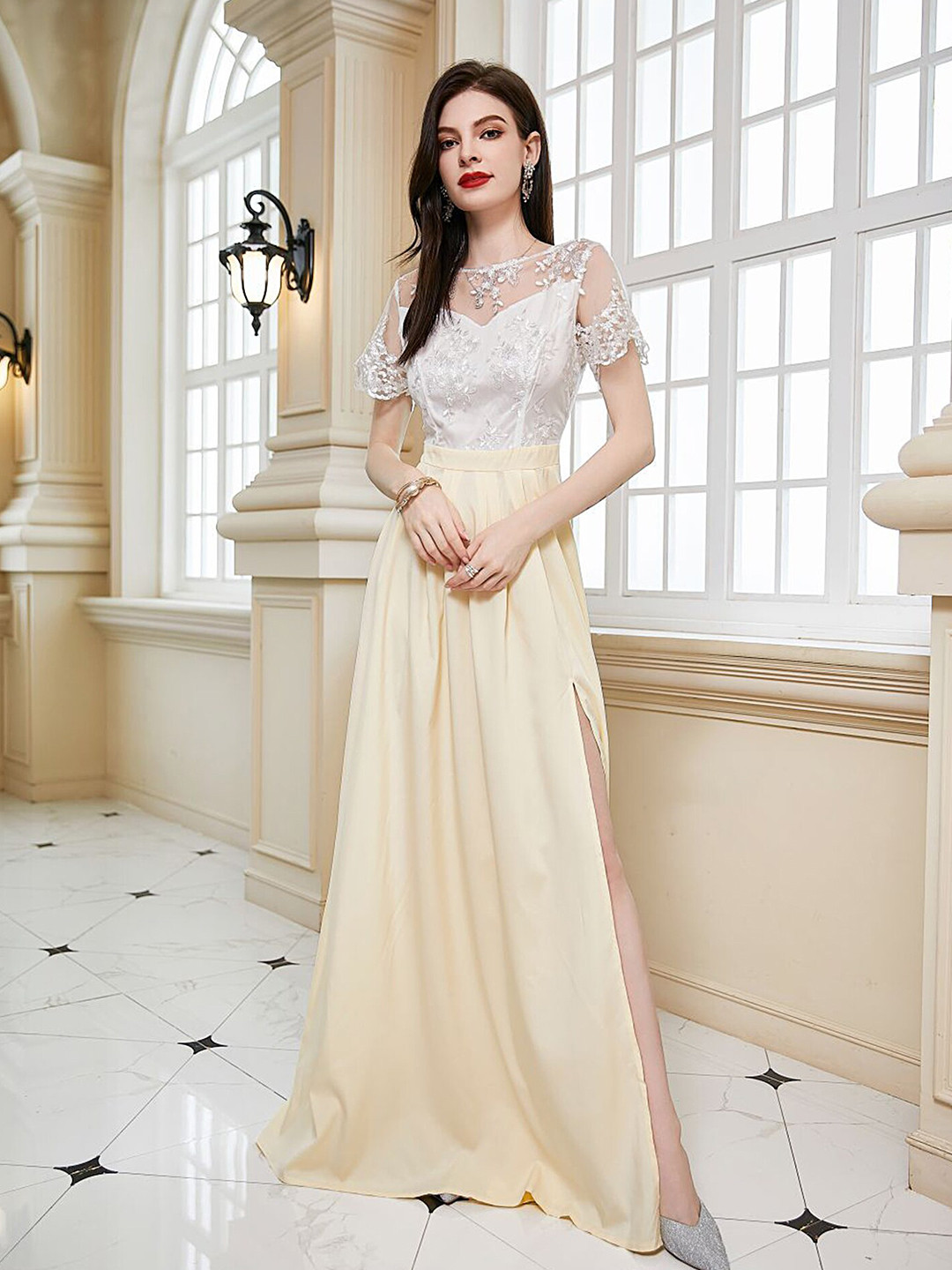 

LULU & SKY Floral Laced Maxi Gown Dress, Cream