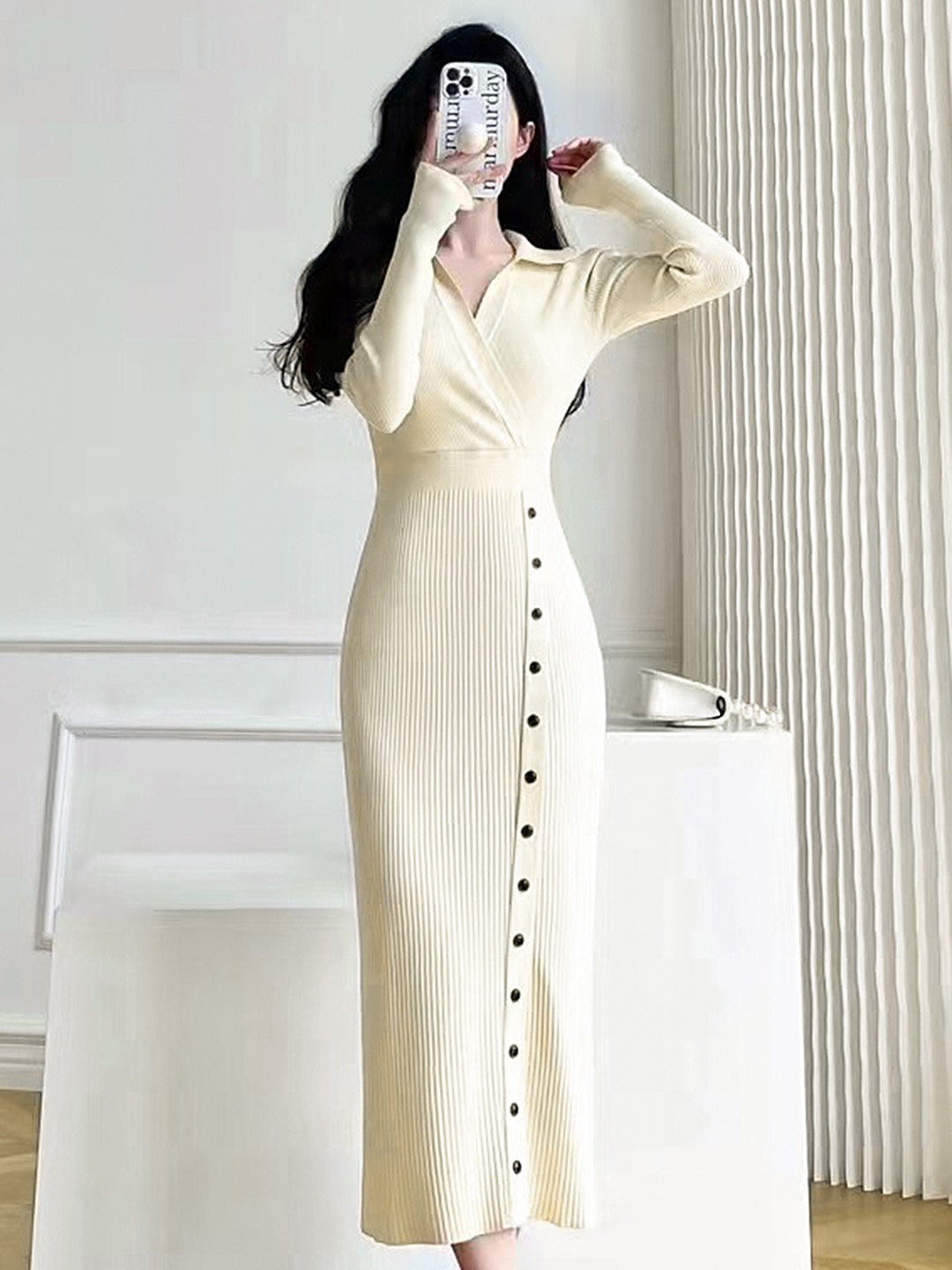 

LULU & SKY Shirt Collar Knitted Sheath Maxi Dress, Off white