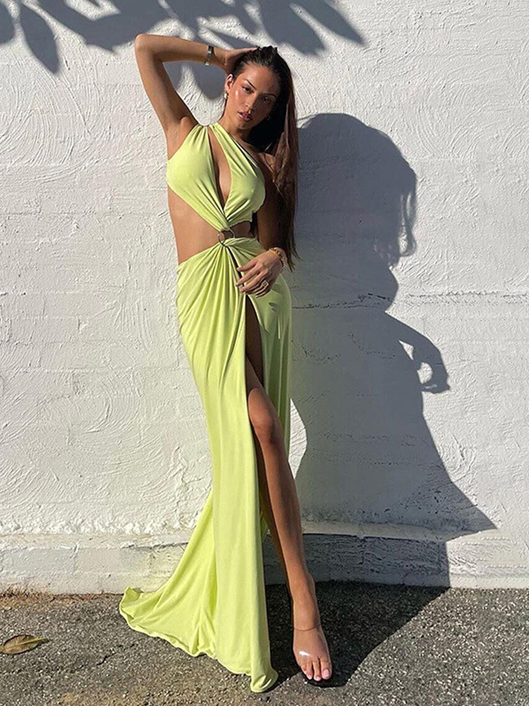 

LULU & SKY One Shoulder Cut-Outs Detail Flared Maxi Dress, Green