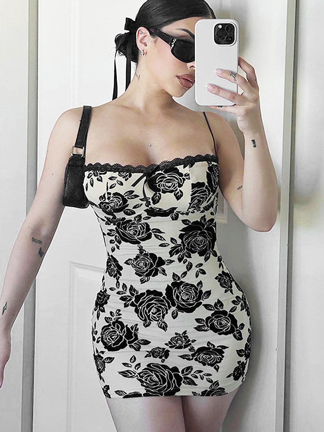 

LULU & SKY Floral Printed Shoulder Straps Bodycon Dress, Beige