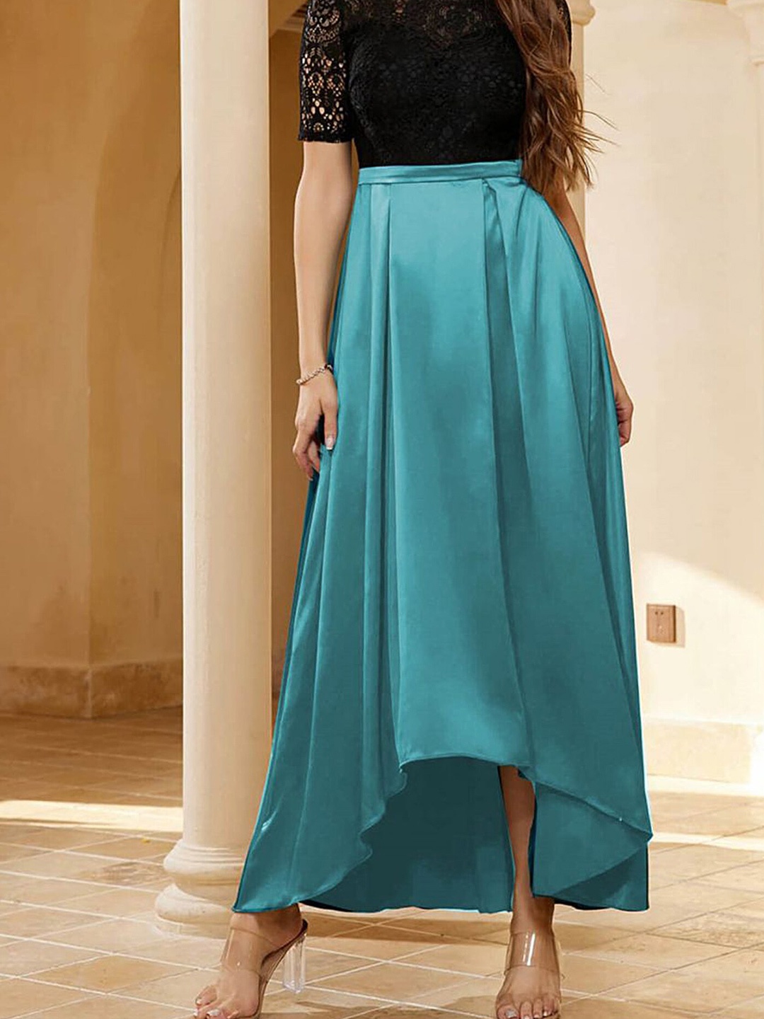 

LULU & SKY Self Design Pleated A-Line Maxi Dress, Black