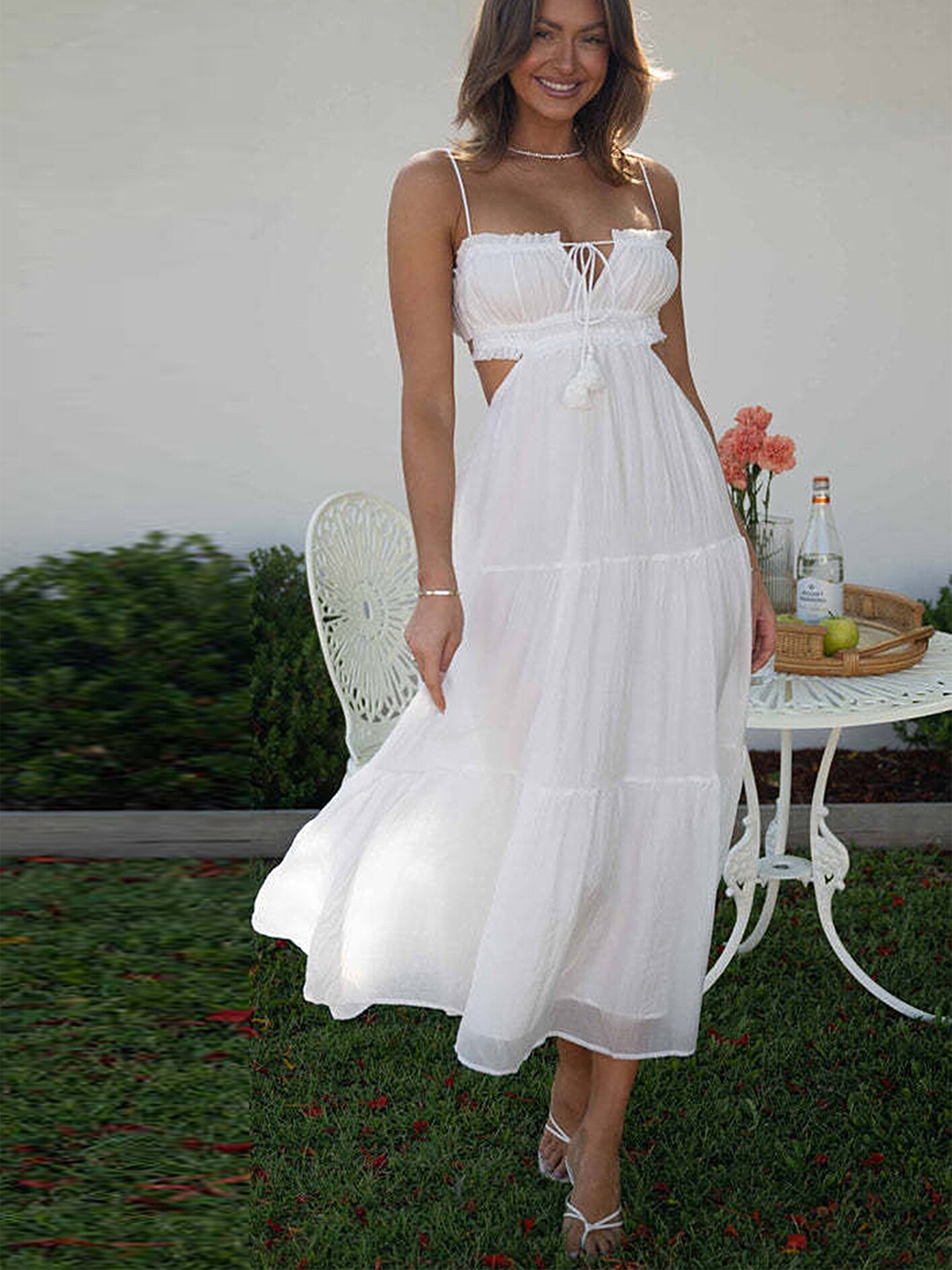 

LULU & SKY Cut-Out Detailed Square Neck Tiered Empire Dress, White