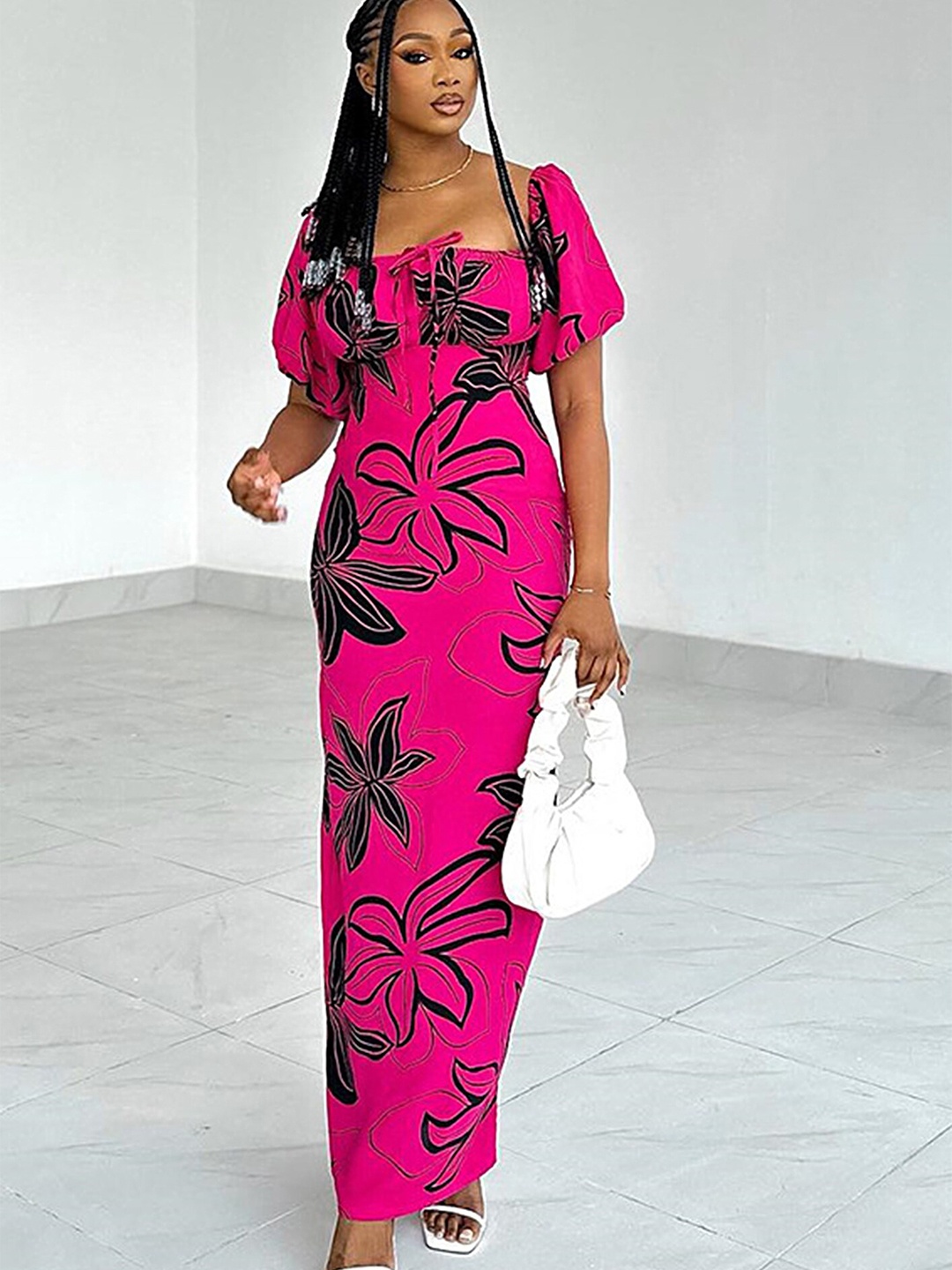 

LULU & SKY Floral Printed Square Neck Puff Sleeves Maxi Dress, Pink