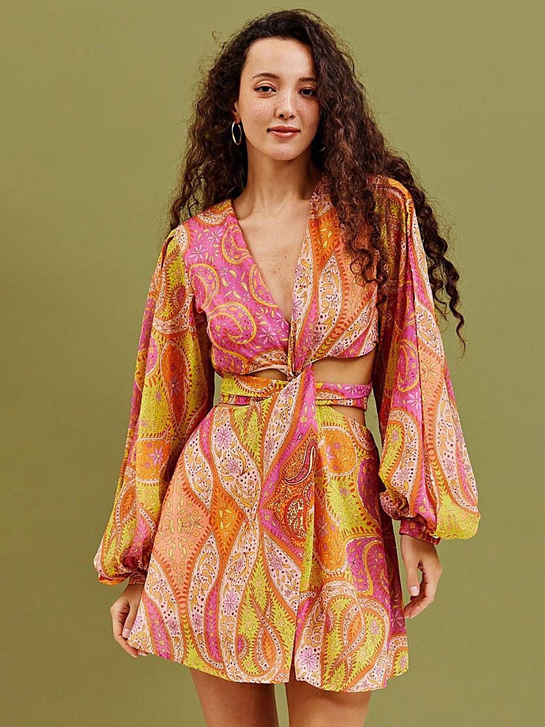 

LULU & SKY Ethnic Motifs Printed Cuffed Sleeves Mini Dress, Pink