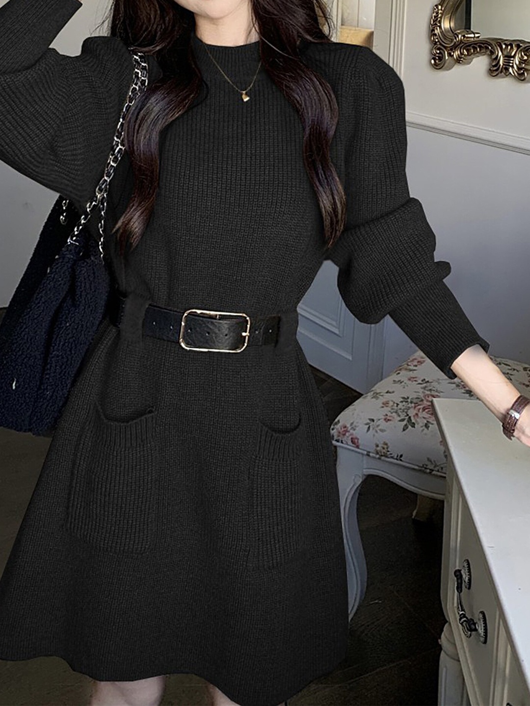 

LULU & SKY Ribbed Belted A Line Dress, Black
