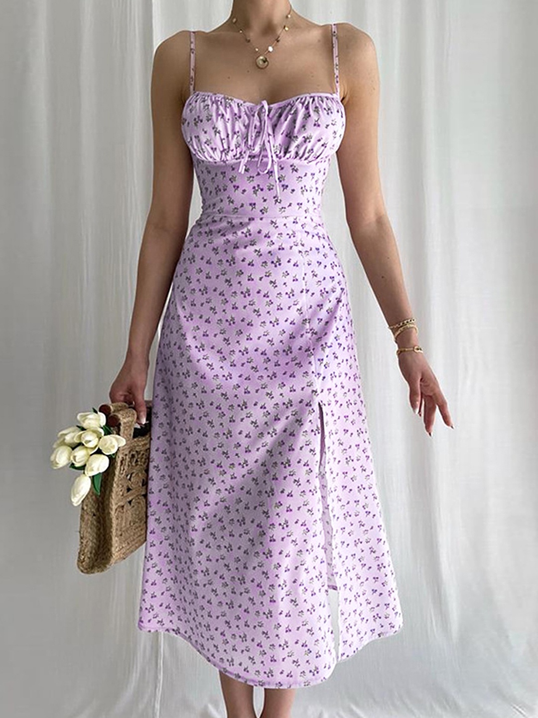 

LULU & SKY Floral Printed Shoulder Strap A-Line Midi Dress, Lavender