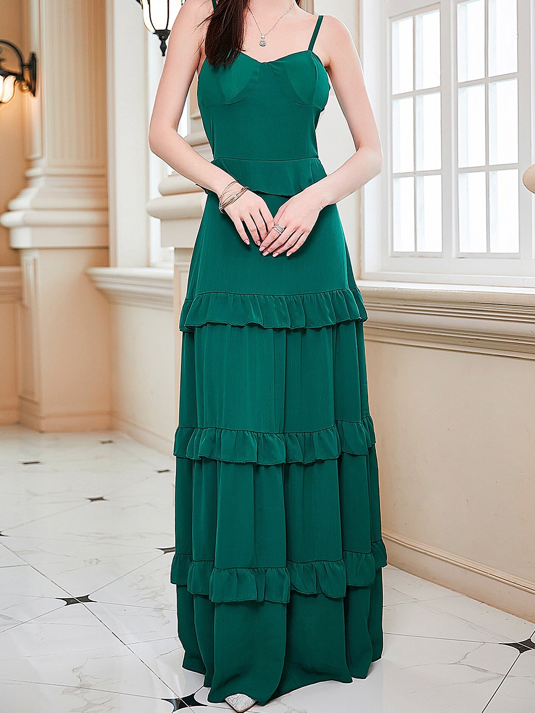 

LULU & SKY Shoulder Strap Ruffled Tiered Maxi Dress, Green
