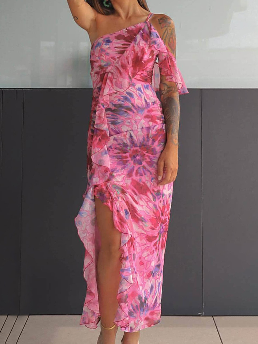

LULU & SKY Floral Printed One Shoulder Ruffles Maxi Dress, Pink