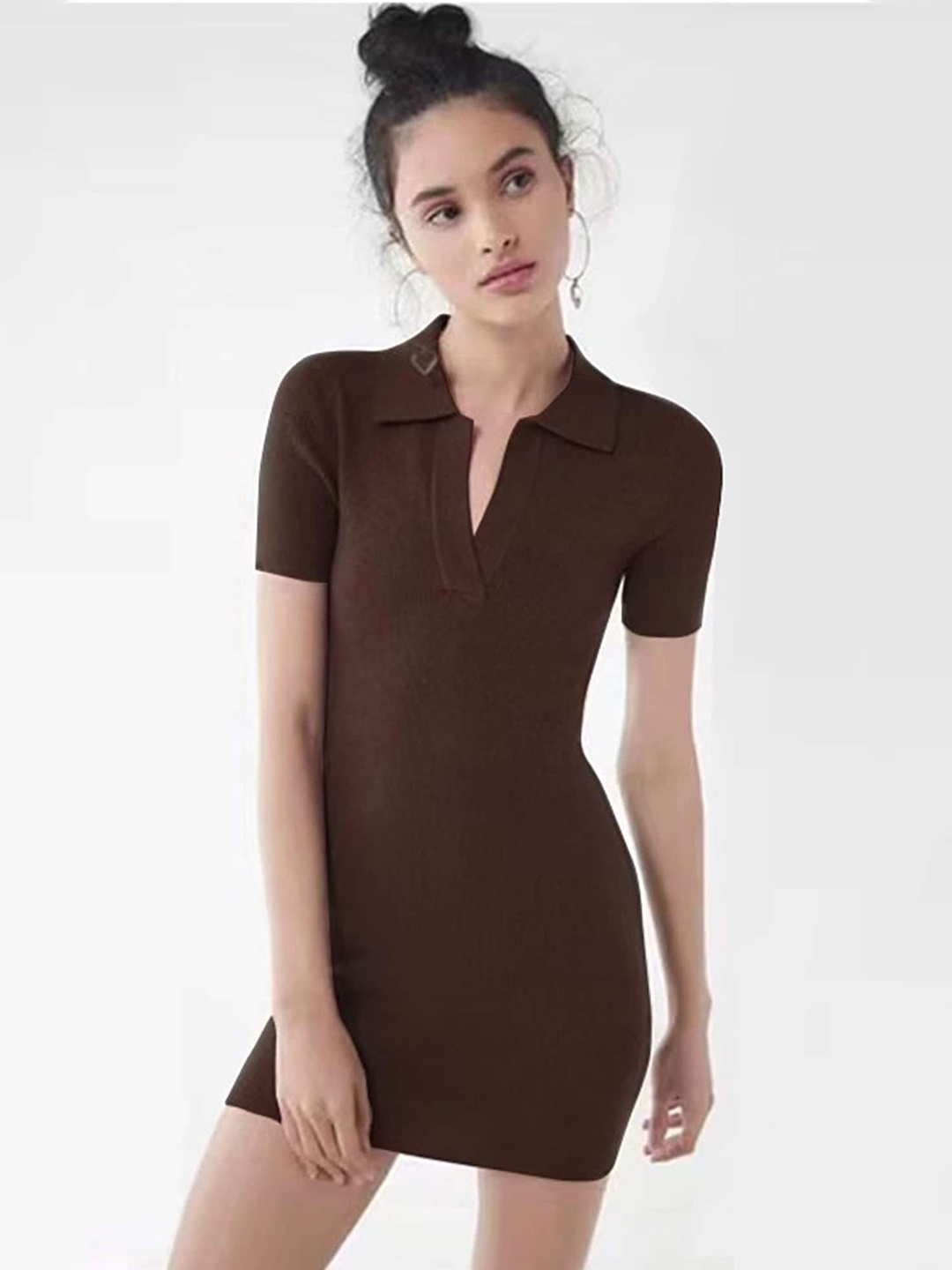 

LULU & SKY Shirt Collar Bodycon Mini Dress, Brown