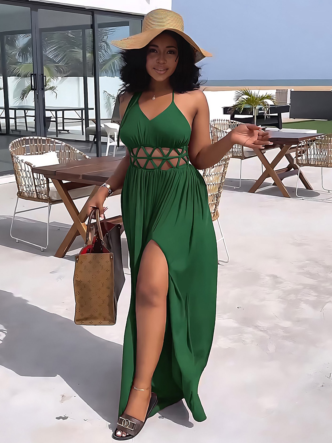 

LULU & SKY Green Halter Neck Cut-Out Detailed Maxi Dress