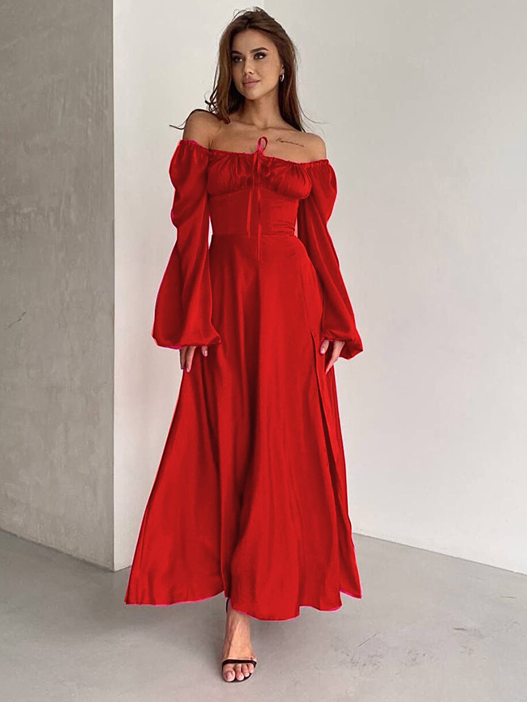 

LULU & SKY Off-Shoulder Bell Sleeves Tie-Ups Detail Fit and Flare Maxi Dress, Red