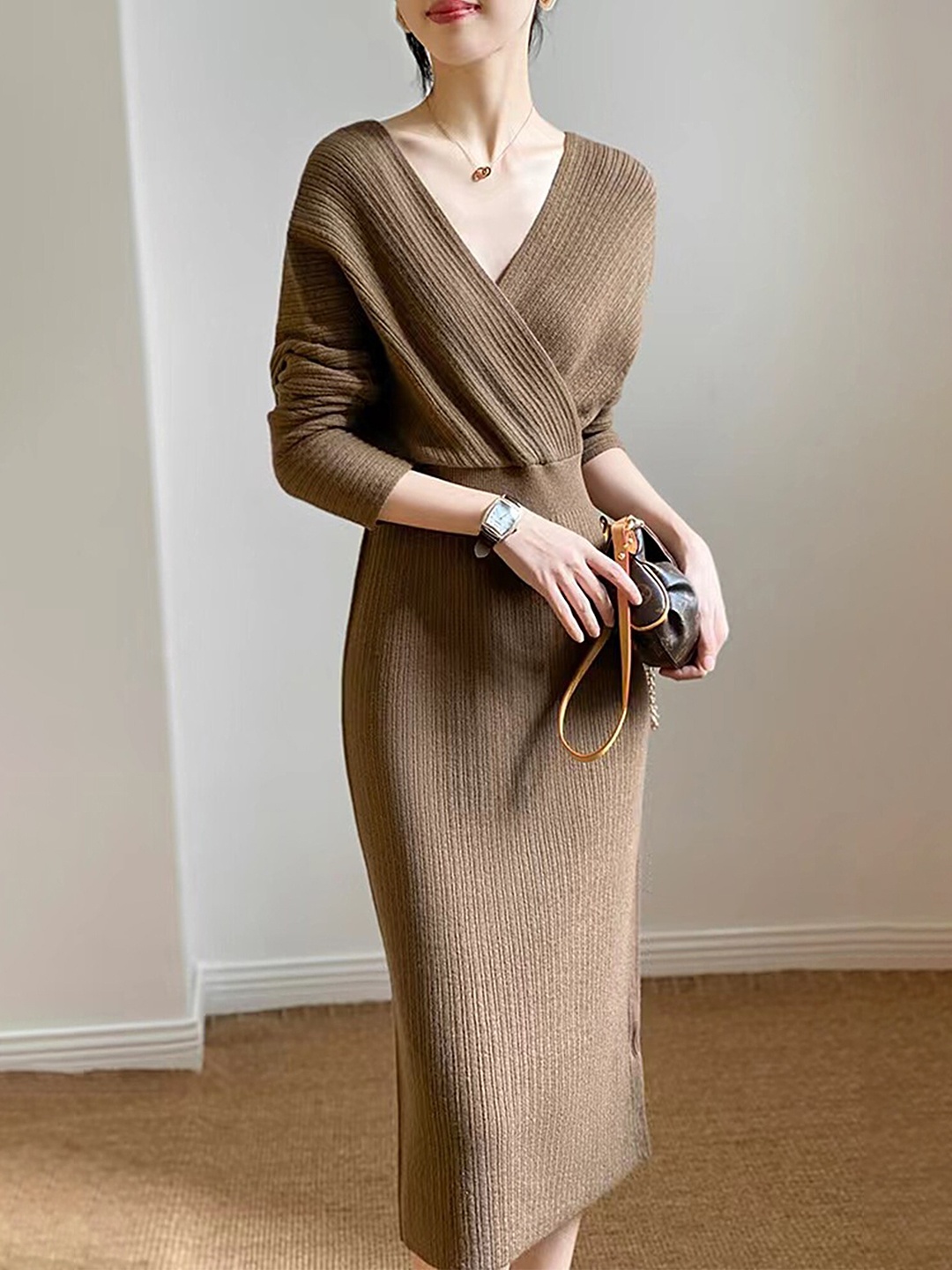 

LULU & SKY Striped Extended SleeveCotton Wrap Midi Dress, Brown