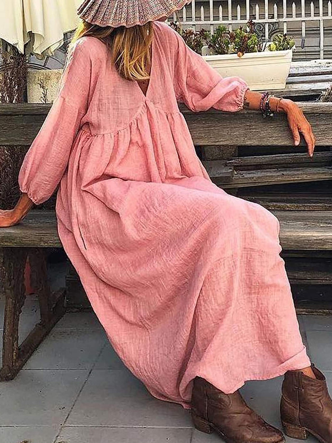 

LULU & SKY V-Neck Puff Sleeves Empire Maxi Dress, Pink