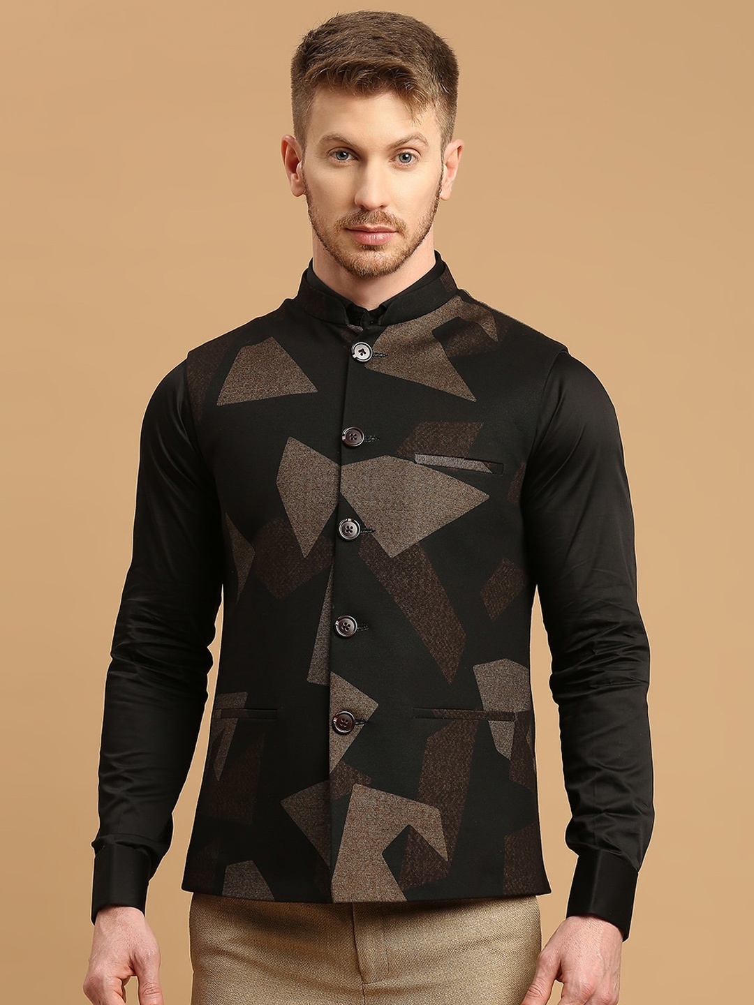 

ESSAS club Geometric Printed Nehru Jacket, Black