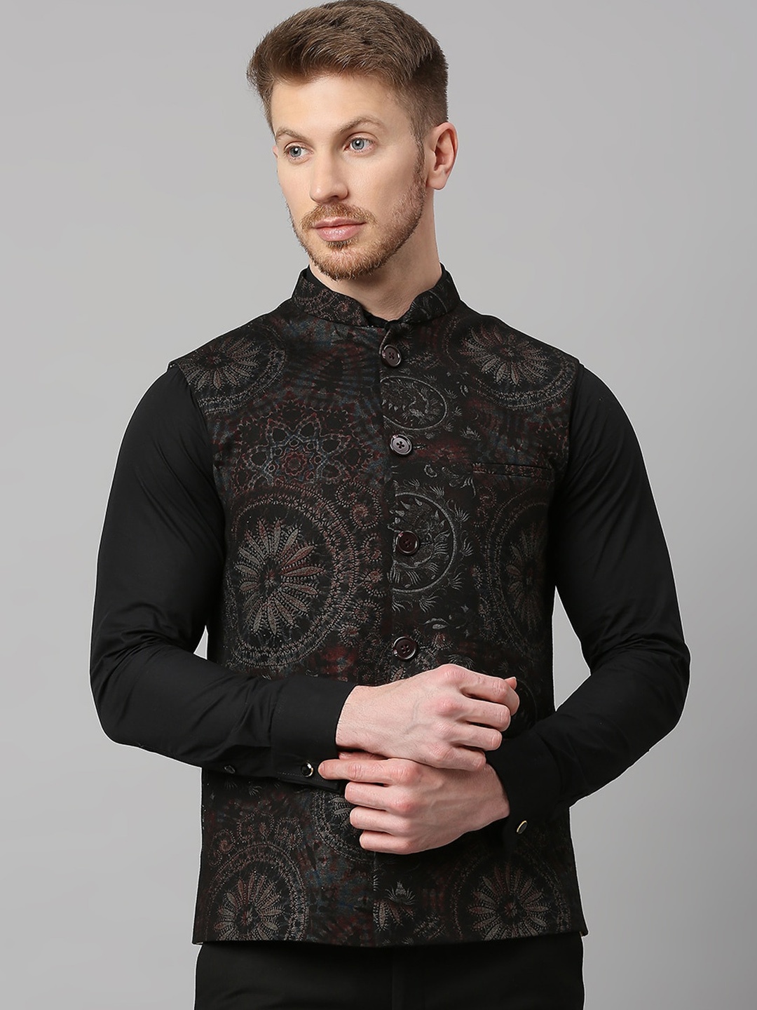 

ESSAS club Ethnic Motifs Printed Nehru Jacket, Black