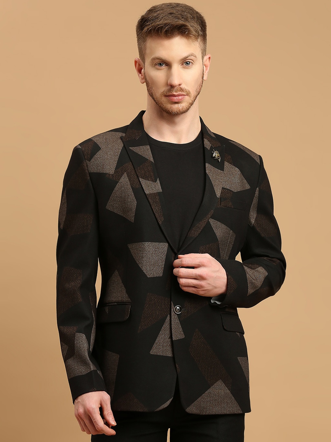 

ESSAS club Geometric Printed Slim Fit Single-Breasted Blazer, Black