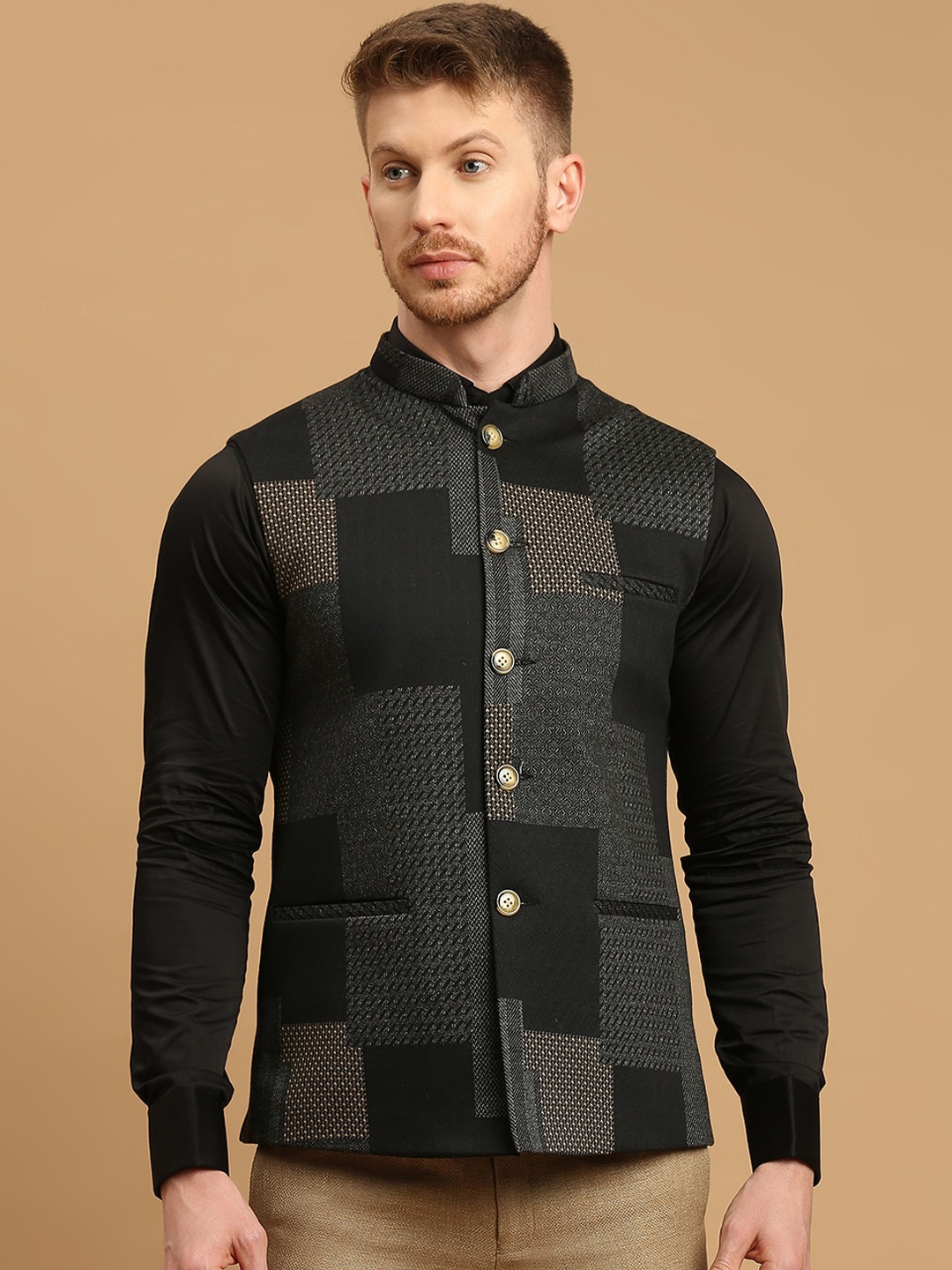 

ESSAS club Geometic Jacquard Nehru Jacket, Grey