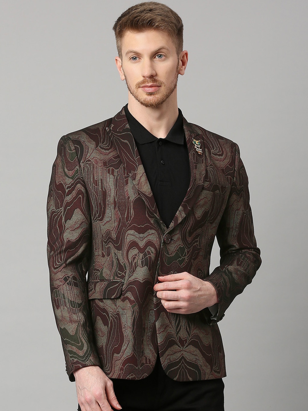 

ESSAS club Abstarct Printed Slim-Fit Single-Breasted Blazer, Maroon
